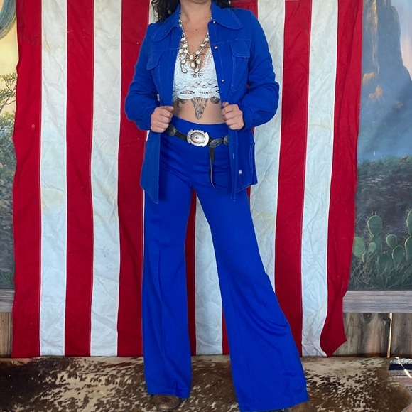 Vintage 70s Royal Blue button down and Bellbottoms - Picture 3 of 9
